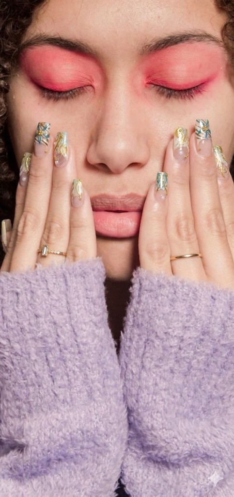 Woman with pastel rainbow nails and bold pink eyeshadow