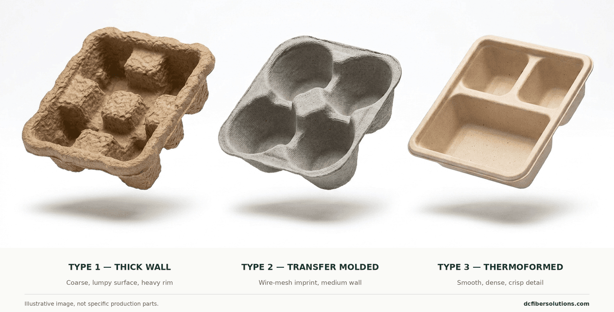 Three molded fiber samples side by side: a coarse thick-wall Type 1 insert, a grey transfer-molded Type 2 tray and a smooth thermoformed Type 3 tray.