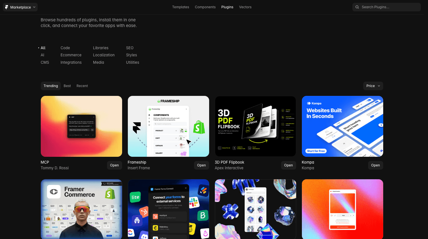 Framer Plugins Marketplace: browsing plugins by category