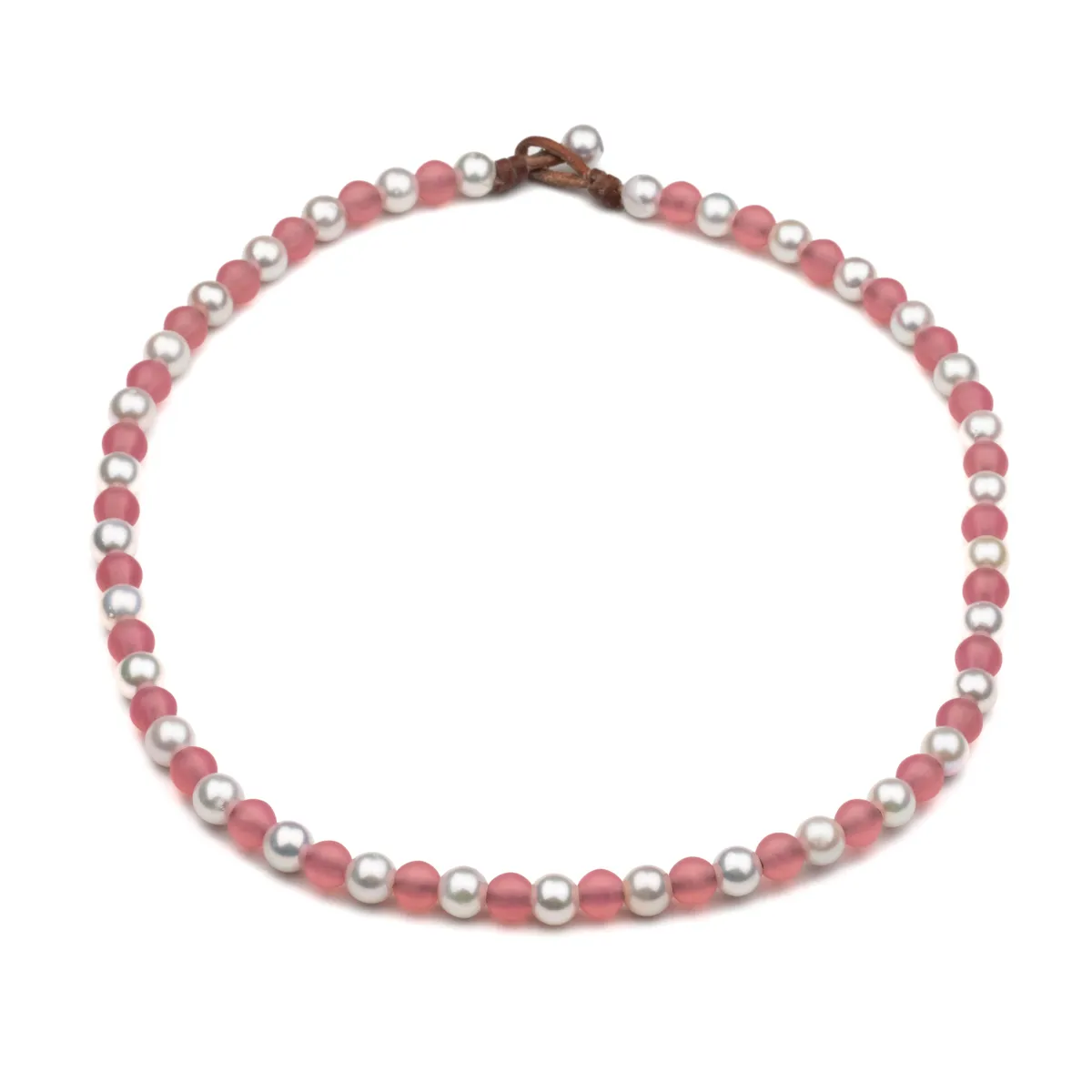 Fresh Water Pearl and pink frosted glass bead choker necklace on natural leather cord with knotted closure — Manos de Oro Saint Barth