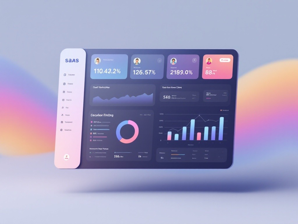 A dark-themed dashboard displays various charts and graphs, showcasing key performance indicators (KPIs) and data visualizations. The dashboard is presented in a three-dimensional perspective, giving it a modern and sleek appearance. The color scheme is predominantly dark, with accents of purple and pink, enhancing the visual appeal.
