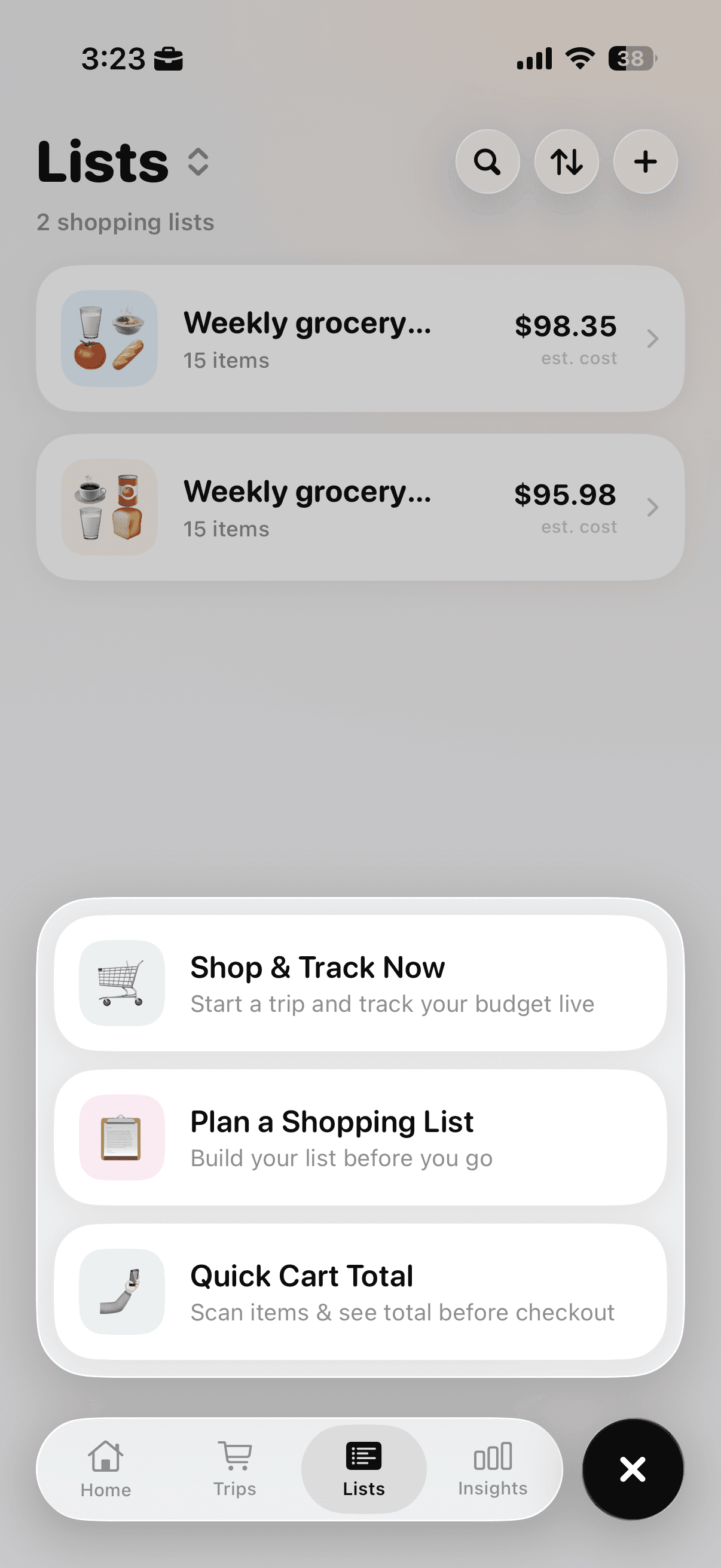 Cart AI list creation menu with Shop and Track Now, Plan a Shopping List, and Quick Cart Total options.