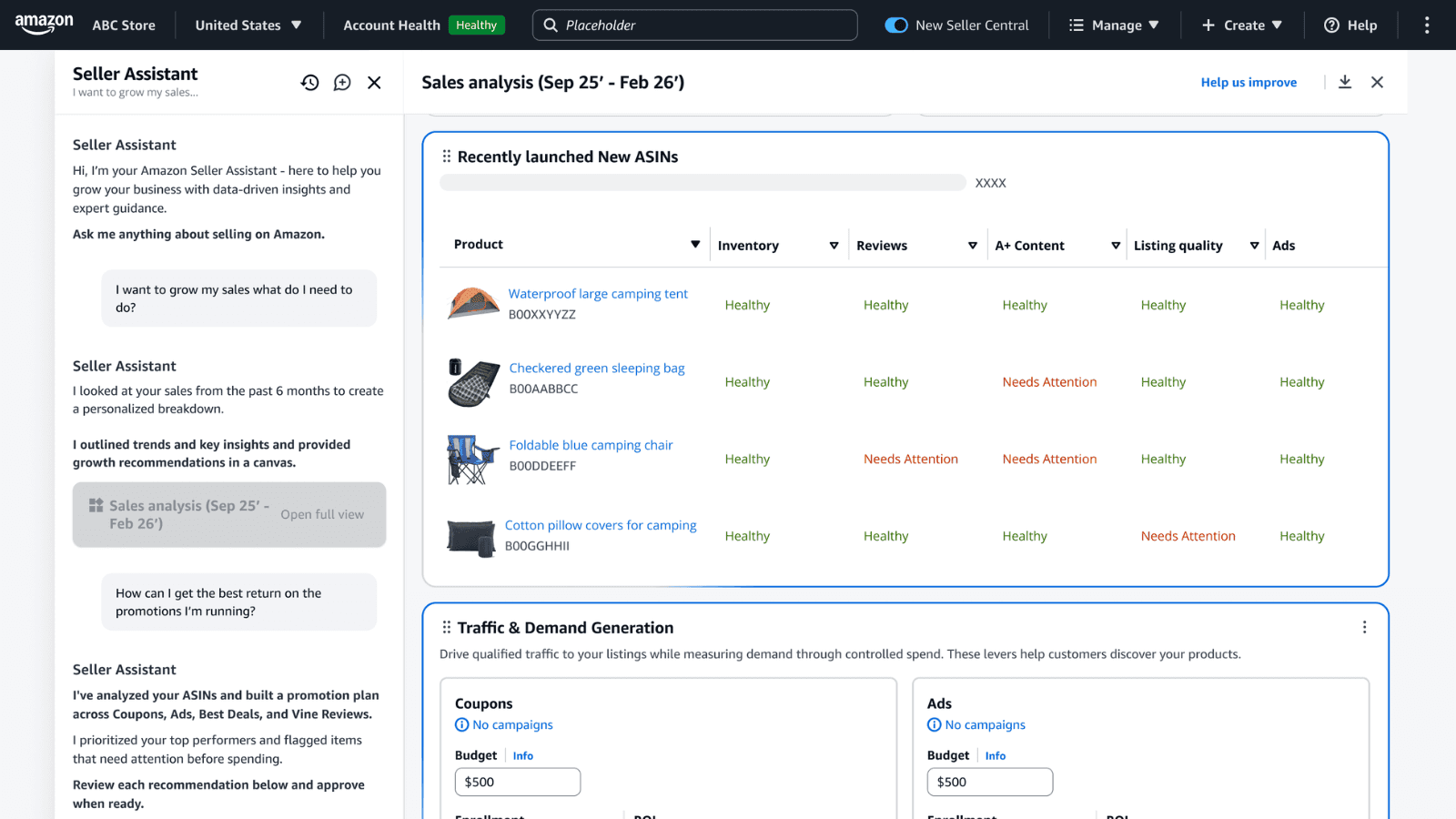 Amazon Seller Central new ASIN insights dashboard