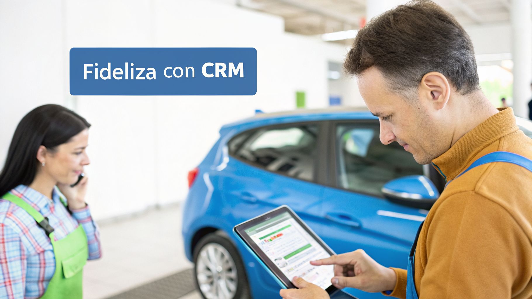 Un técnico de automóviles usa una tablet, mientras una compañera habla por teléfono en un taller, con el texto 'Fideliza con CRM'.