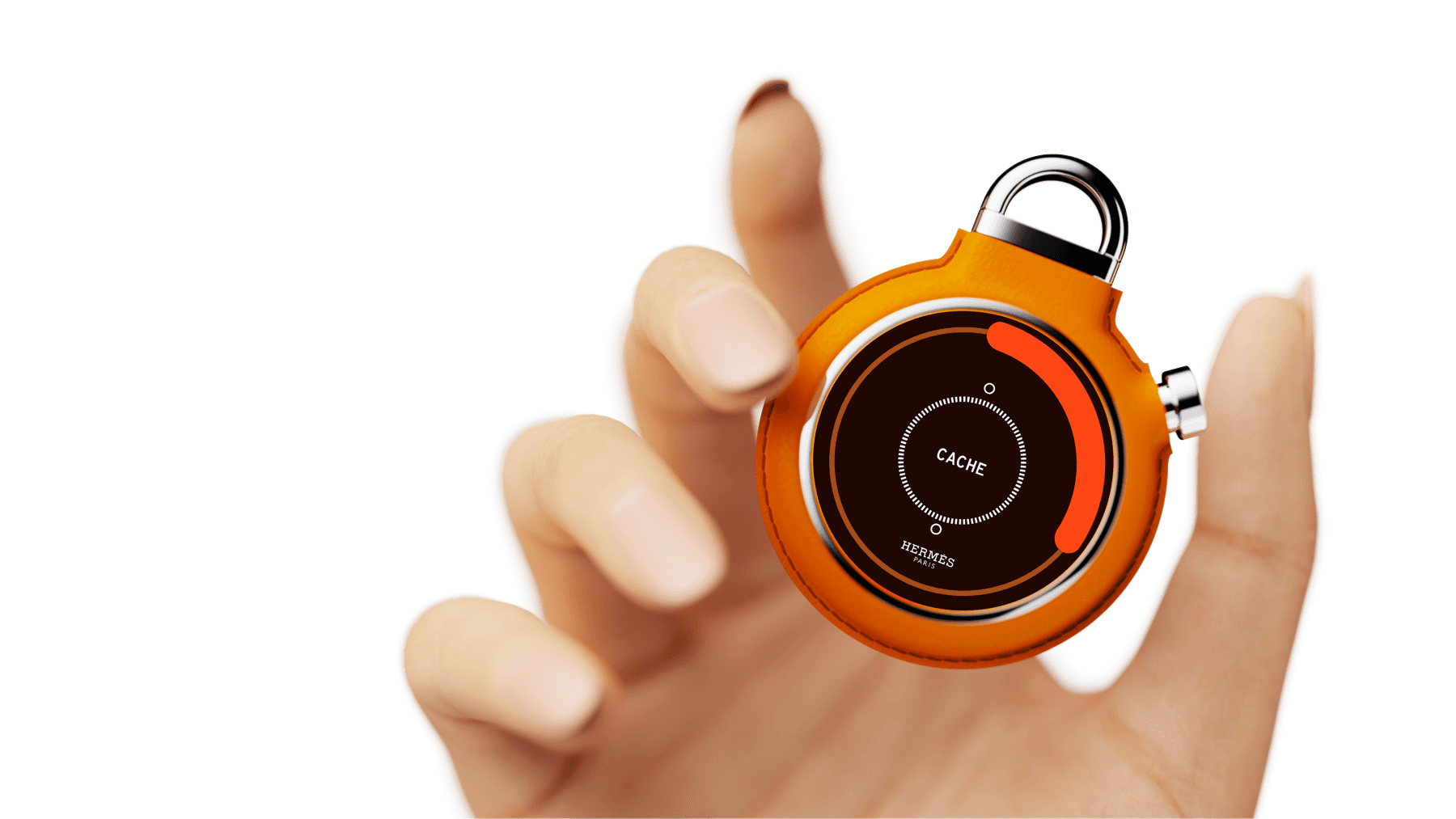 CACHE held in one hand, showing its circular touchscreen