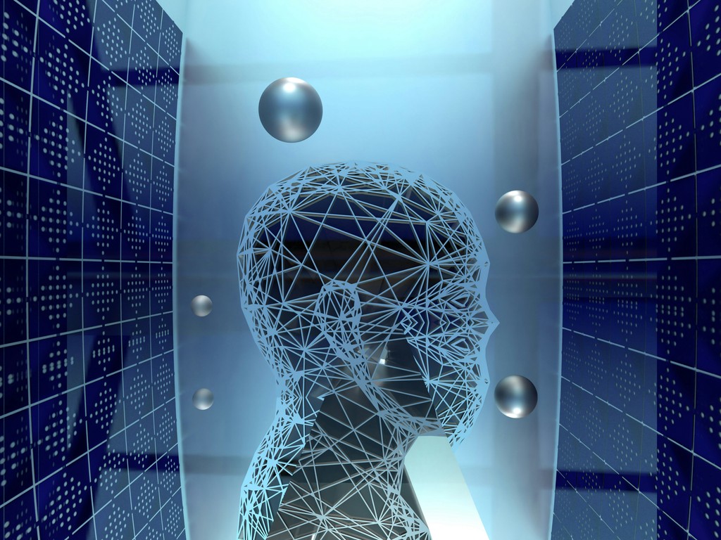 A futuristic digital illustration of a human head made of interconnected blue lines and nodes, set within a high-tech environment with floating metallic spheres and data panels, symbolizing artificial intelligence and advanced technology.