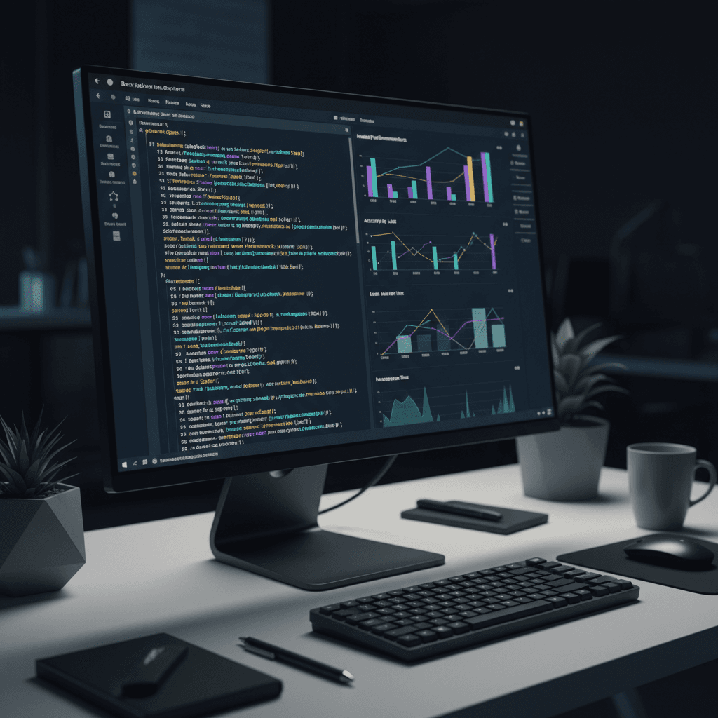 Developer implementing AI product development best practices with model evaluation code and performance monitoring