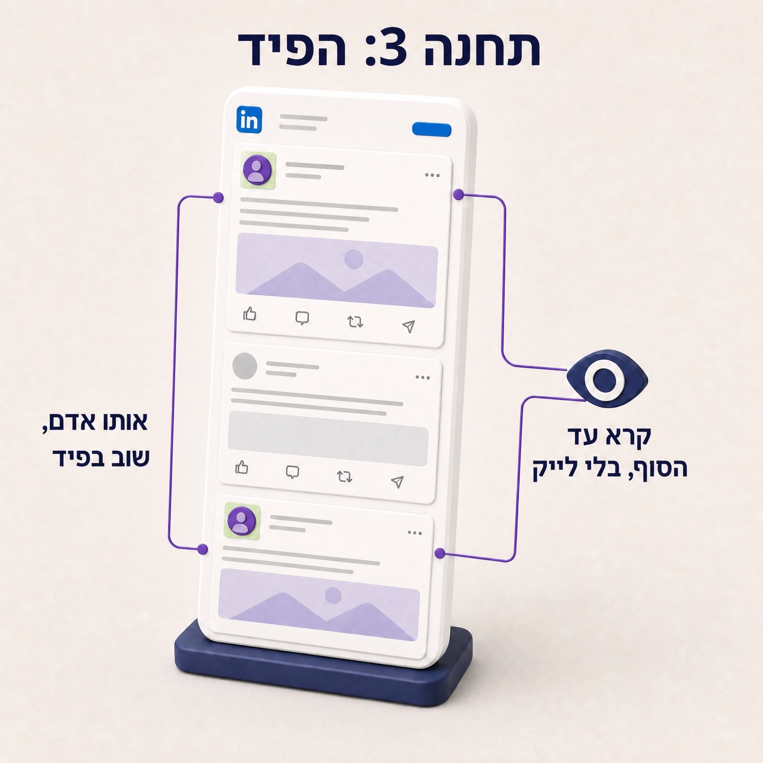 פיד לינקדאין בטלפון שבו אותו אדם מופיע בפוסט הראשון ובשלישי, ואייקון עין מחובר לשניהם