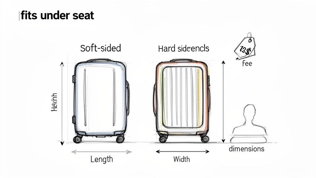 Diagram showing soft-sided and hard-sided luggage dimensions for airline carry-on, illustrating size limits and potential fees.