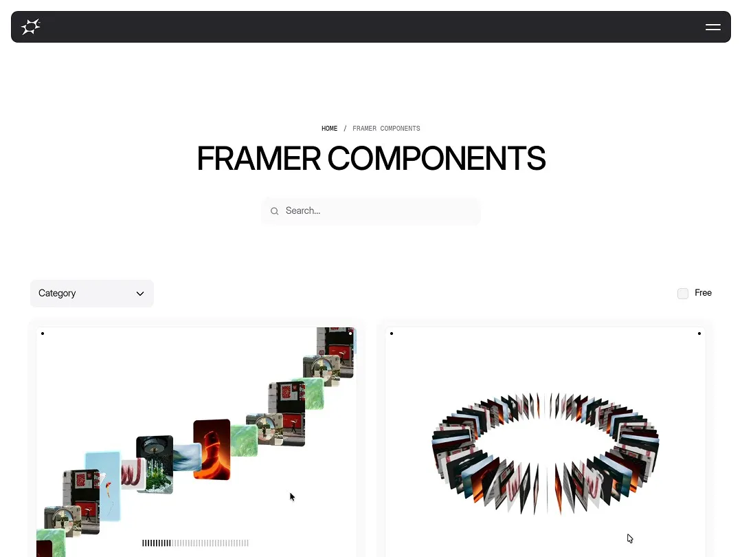 Website displaying Framer components with search and category filter options.