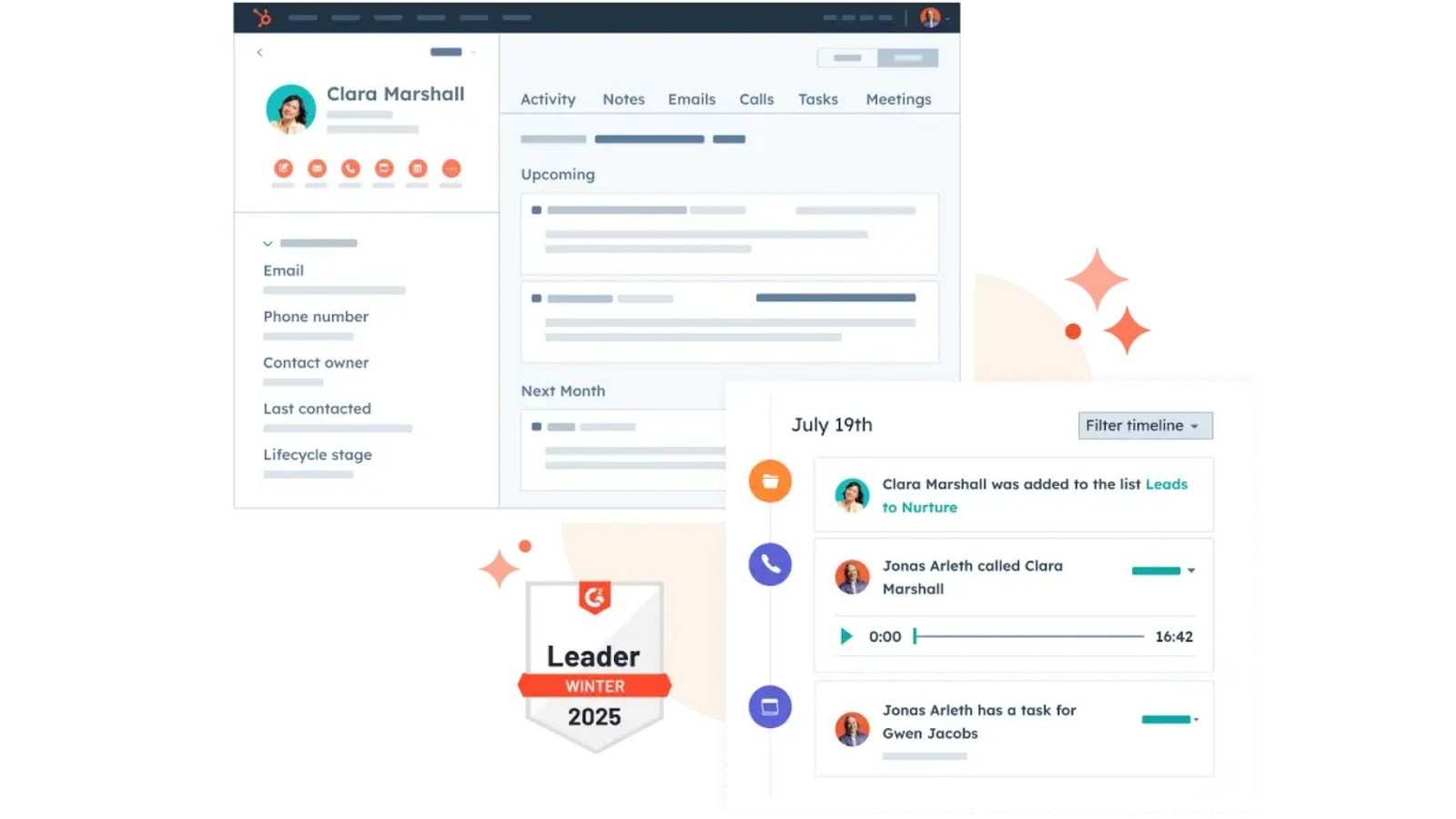 HubSpot CRM's contact timeline and integrated activity dashboard
