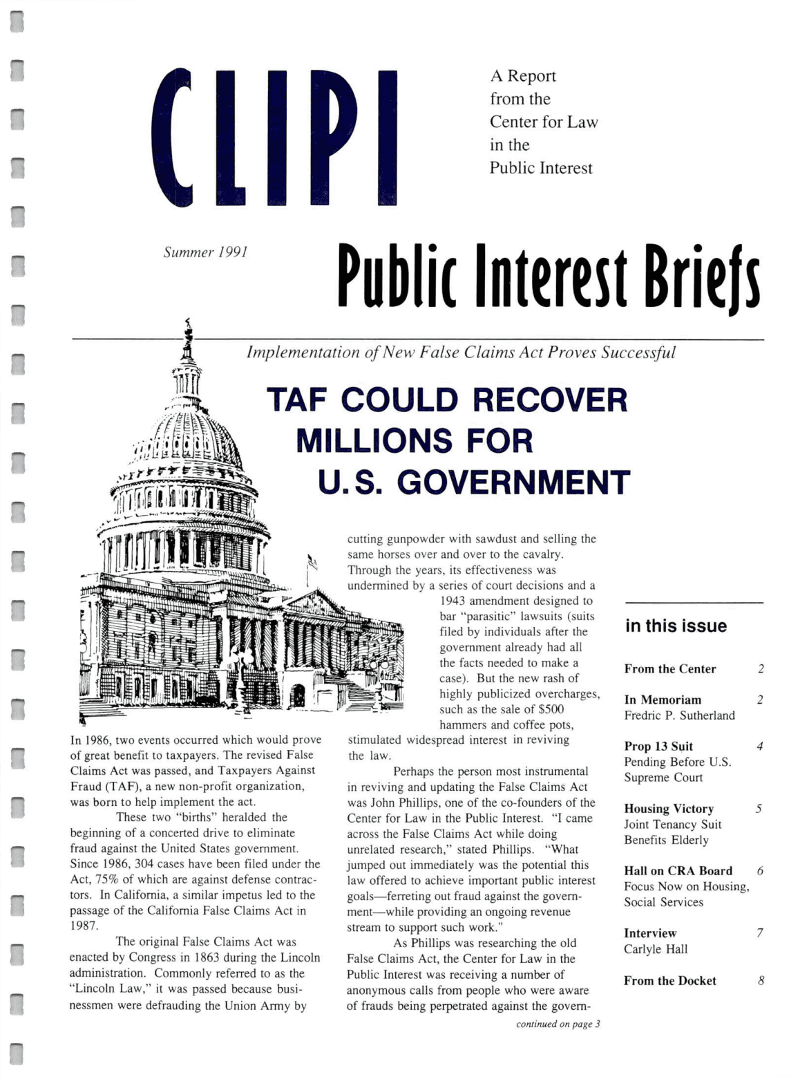Cover of Center for Law In The Public Interest's Quarterly Report, Summer 1991 Edition Public Interest Briefs