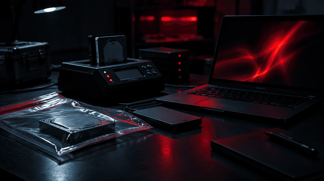 Forensic workstation with disk-imaging hardware and a sealed evidence bag in a dim room