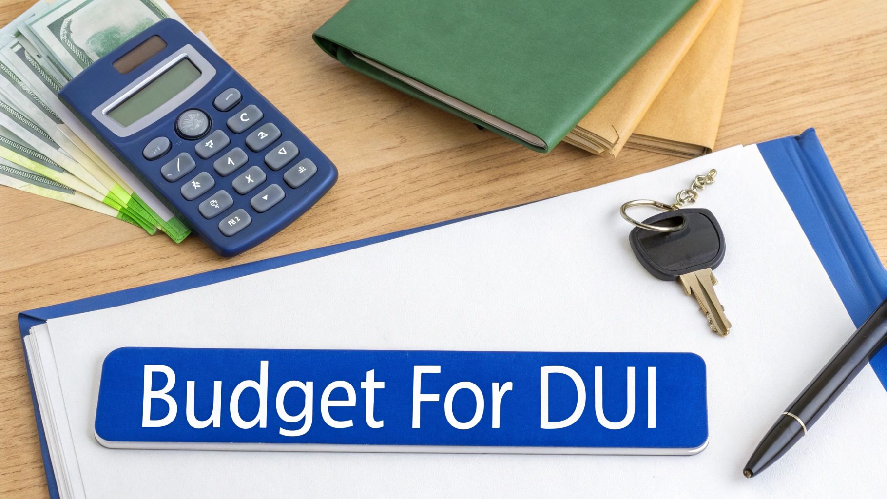 A calculator, money, car keys, and a 'Budget For DUI' sign on a wooden desk.