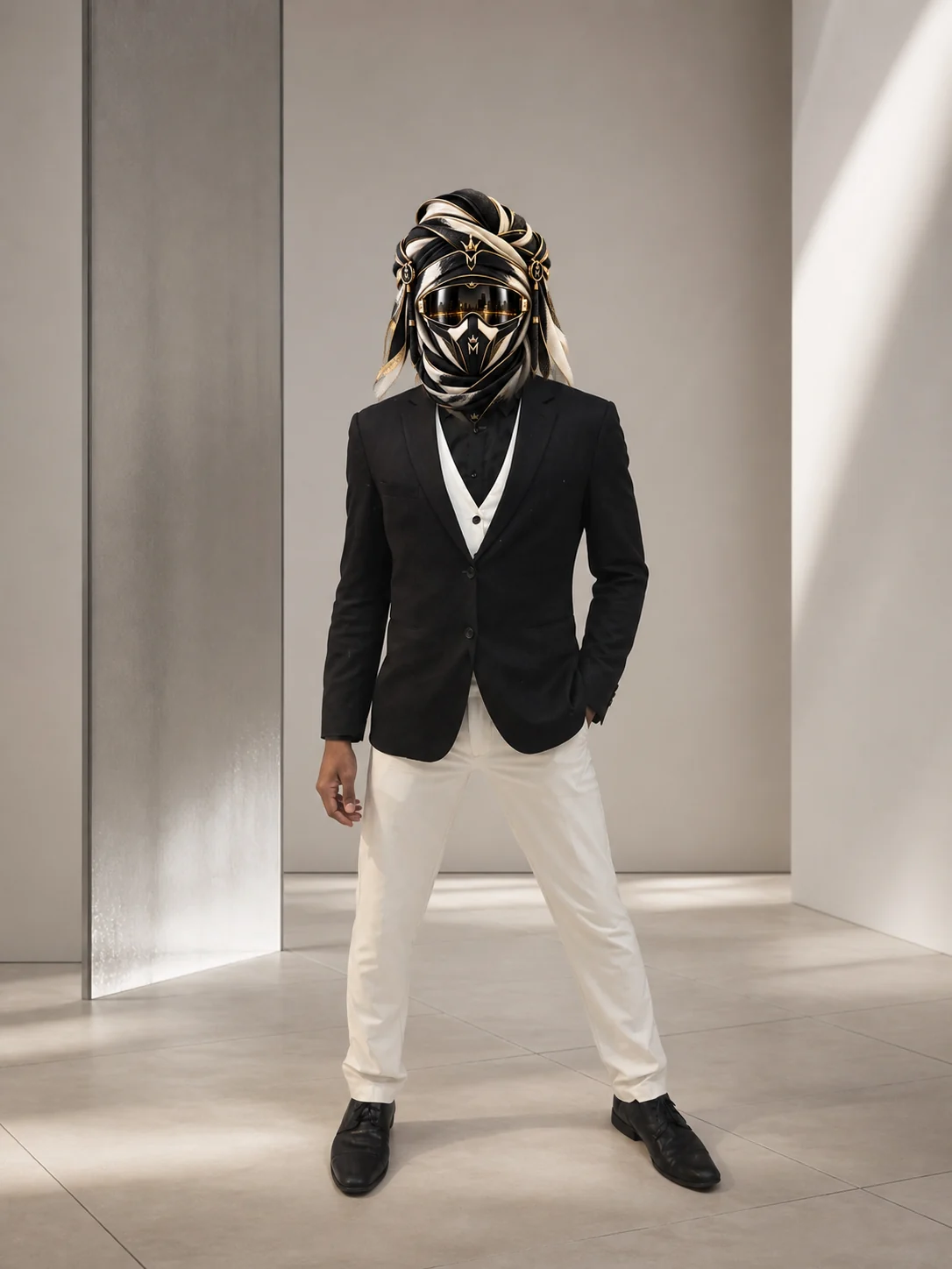 Full-length view of White Waistcoat, a black jacket worn over a white waistcoat and white trousers, with the official Marzelest face covering.