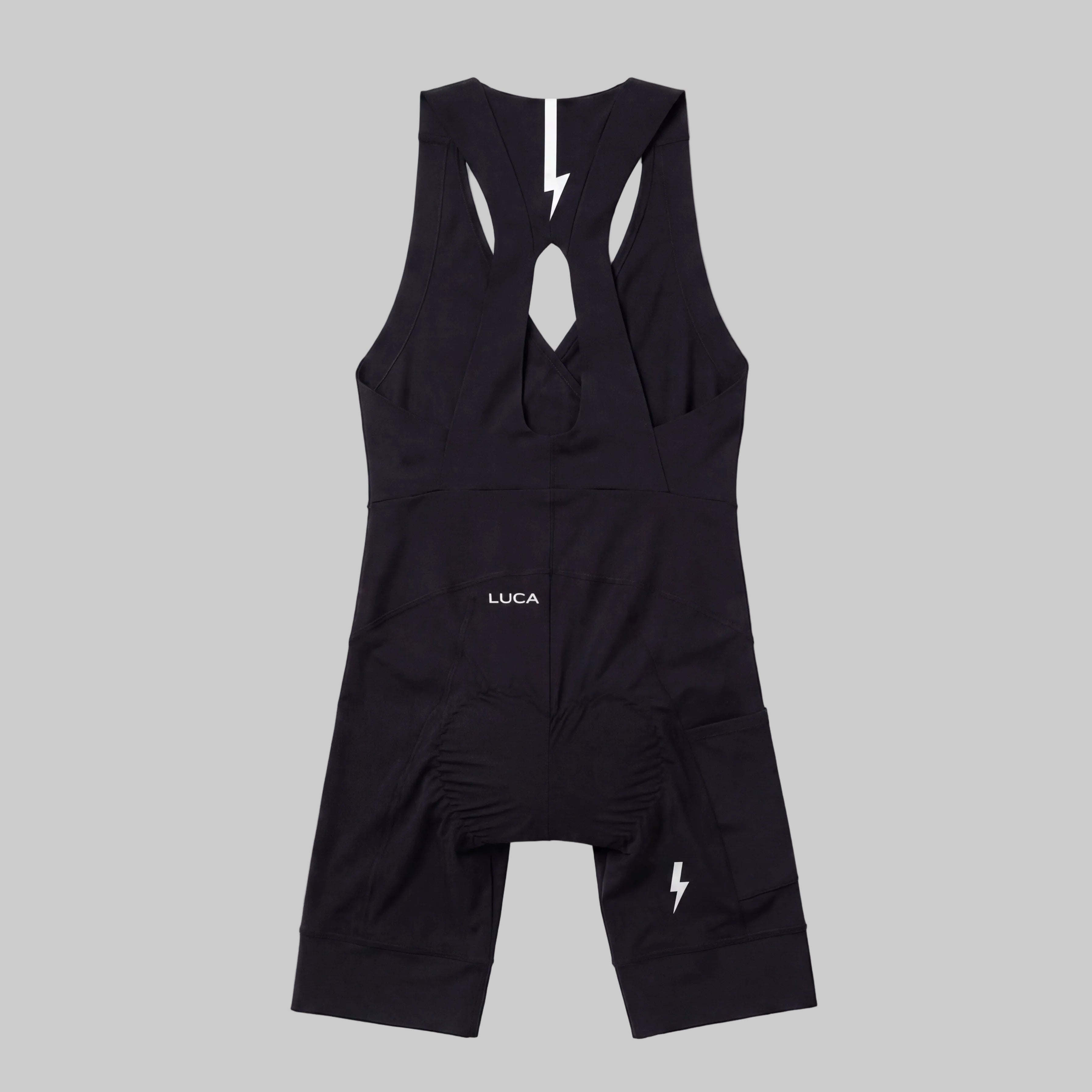 LUCA Road All-In-One Cargo women's cycling bib shorts in black, back racerback view