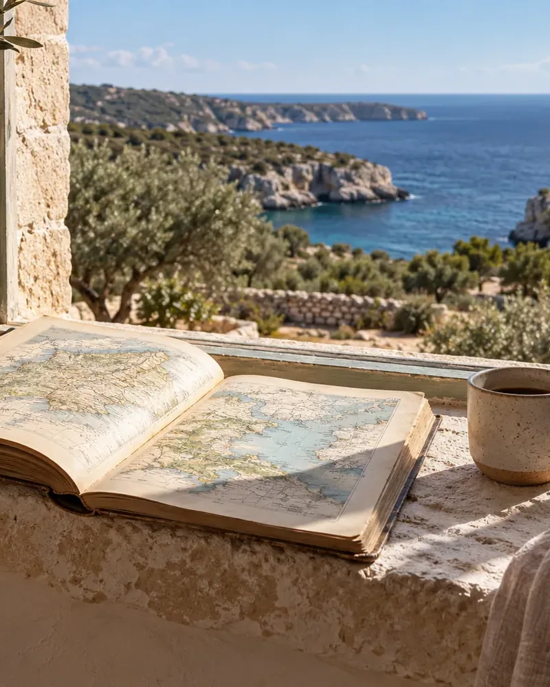 An old travel book on a stone windowsill