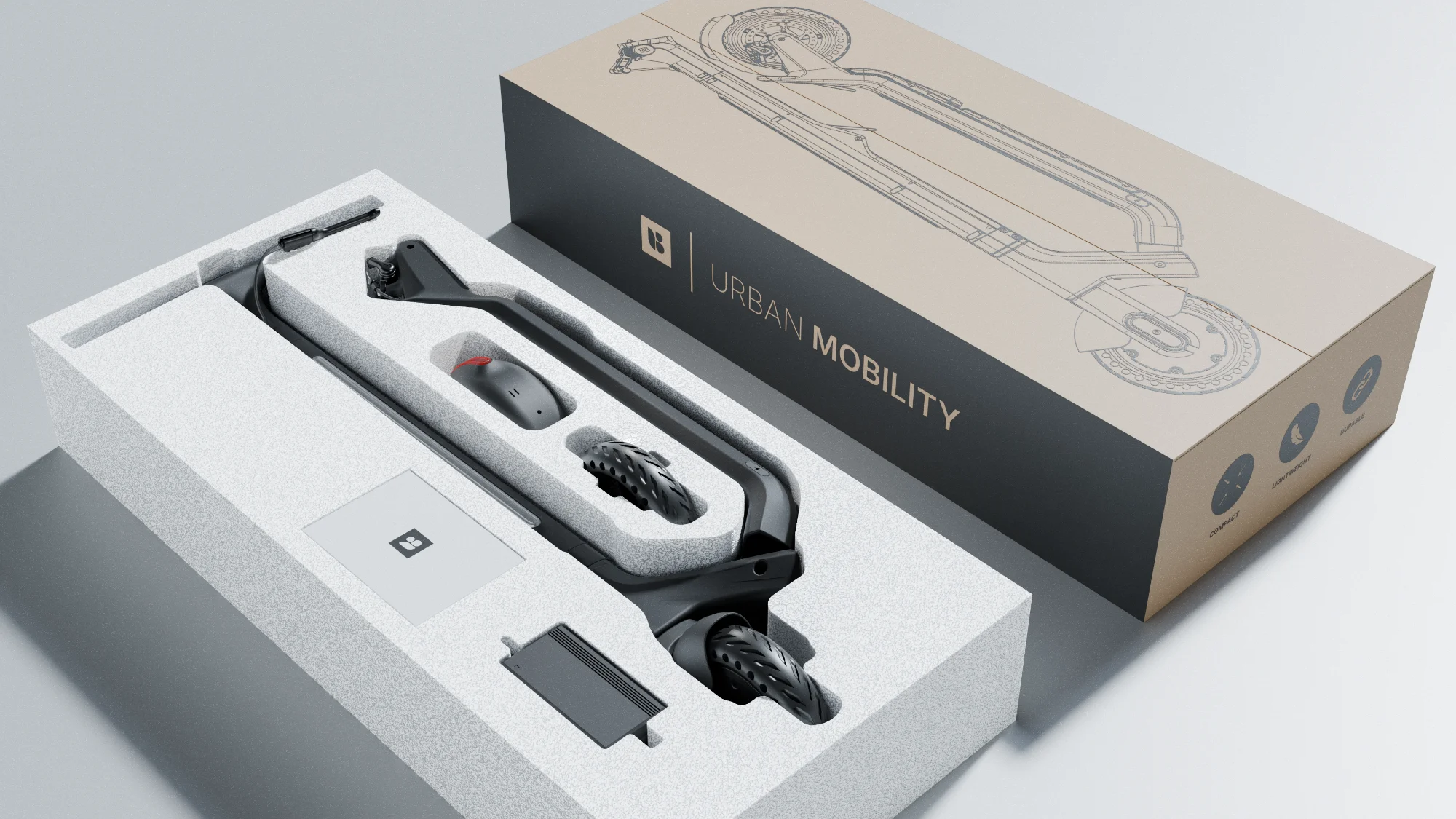 Packaging design solution for an electric scooter concept, showing the internal custom moulded foam insert and outer cardboard sleeve.