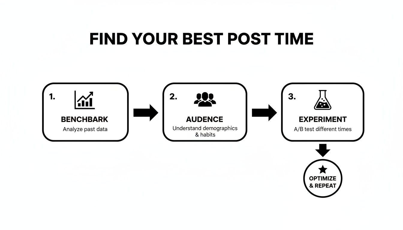 Flowchart showing a 3-step strategy to find the best post time: Benchmark, Audience, Experiment, then Optimize & Repeat.