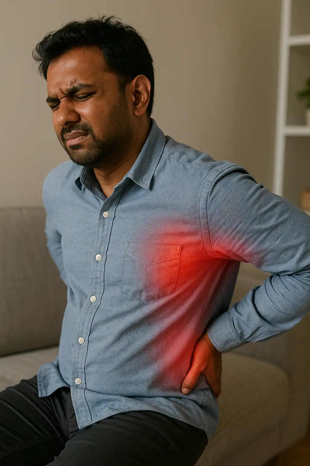 Man holding his lower back in pain, indicating stress-related back stiffness or muscle strain.