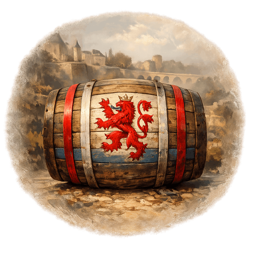 Wine barrel featuring the Luxembourg national emblem for regional wine education.