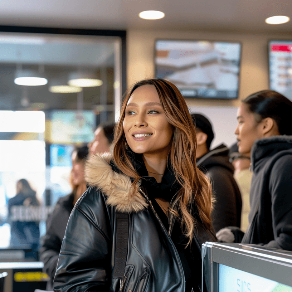 Woman in a fur-lined leather jacket smiling indoors, surrounded by people.