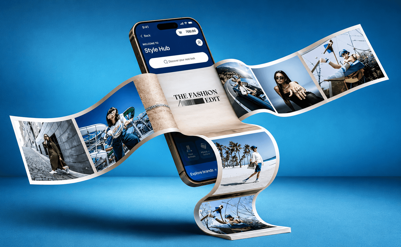 Blue Rewards Style Hub mobile app screen displayed on an iPhone mockup with a flowing fashion film strip showcasing lifestyle and clothing imagery against a blue background.