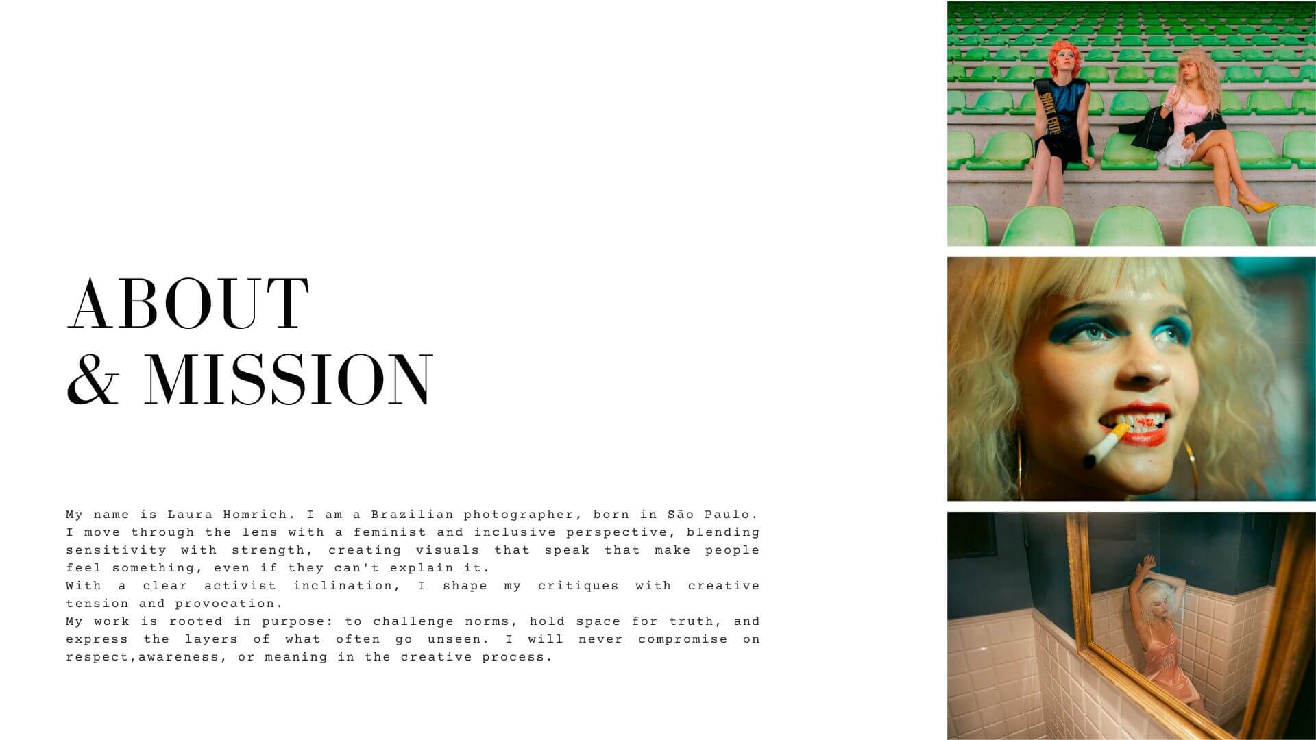 Editorial photography collage featuring women in retro stadium seating, a dramatic close-up beauty portrait with smeared lipstick, and a woman behind a window, displayed beside the About & Mission section of Laura Homrich’s Photo brand identity.