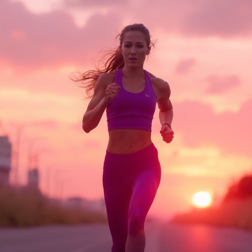 Photo of an AI generated women running at sunset