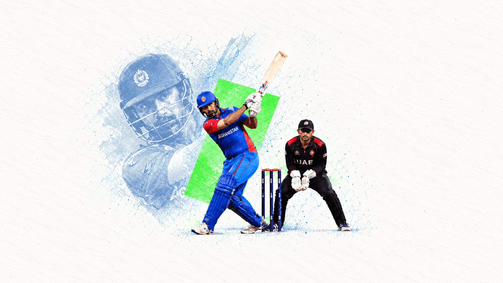 An Afghanistan batter swings his bat as a UAE wicketkeeper waits behind the stumps, in a cream editorial collage.