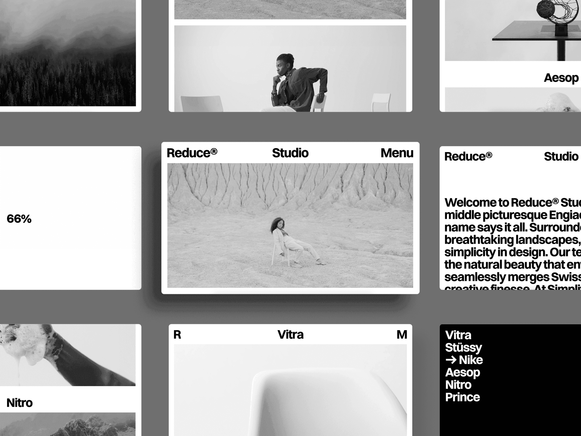 Swiss Reduce portfolio screens arranged on a grey background