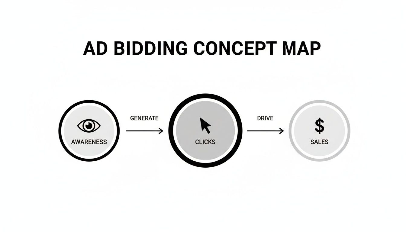 An ad bidding concept map illustrating the advertising funnel from awareness, to clicks, and ultimately sales.