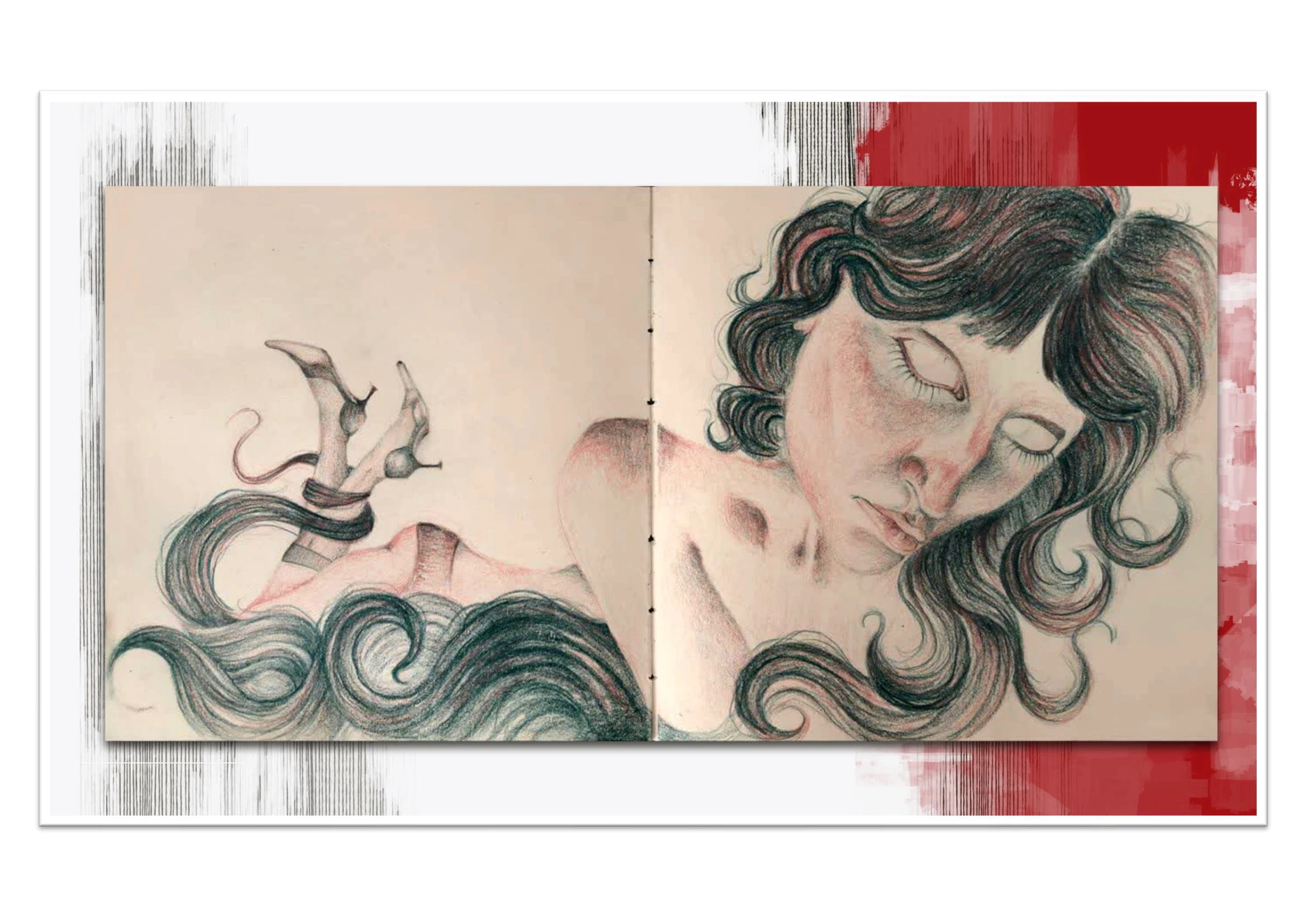 L’Étreinte étouffante du subconscient de Mobina Rahimi, dessin d’une femme aux yeux clos, à la chevelure ondulante, dans une composition onirique aux tons délicats.