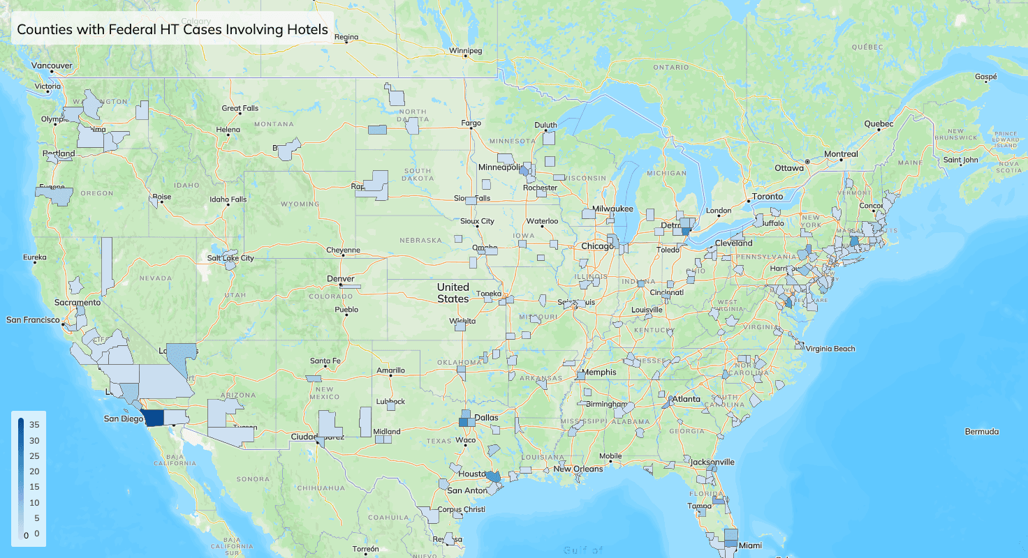 Map of the United States showing hotels named as crime locations in federally prosecuted human trafficking cases, clustered along interstate highway corridors.