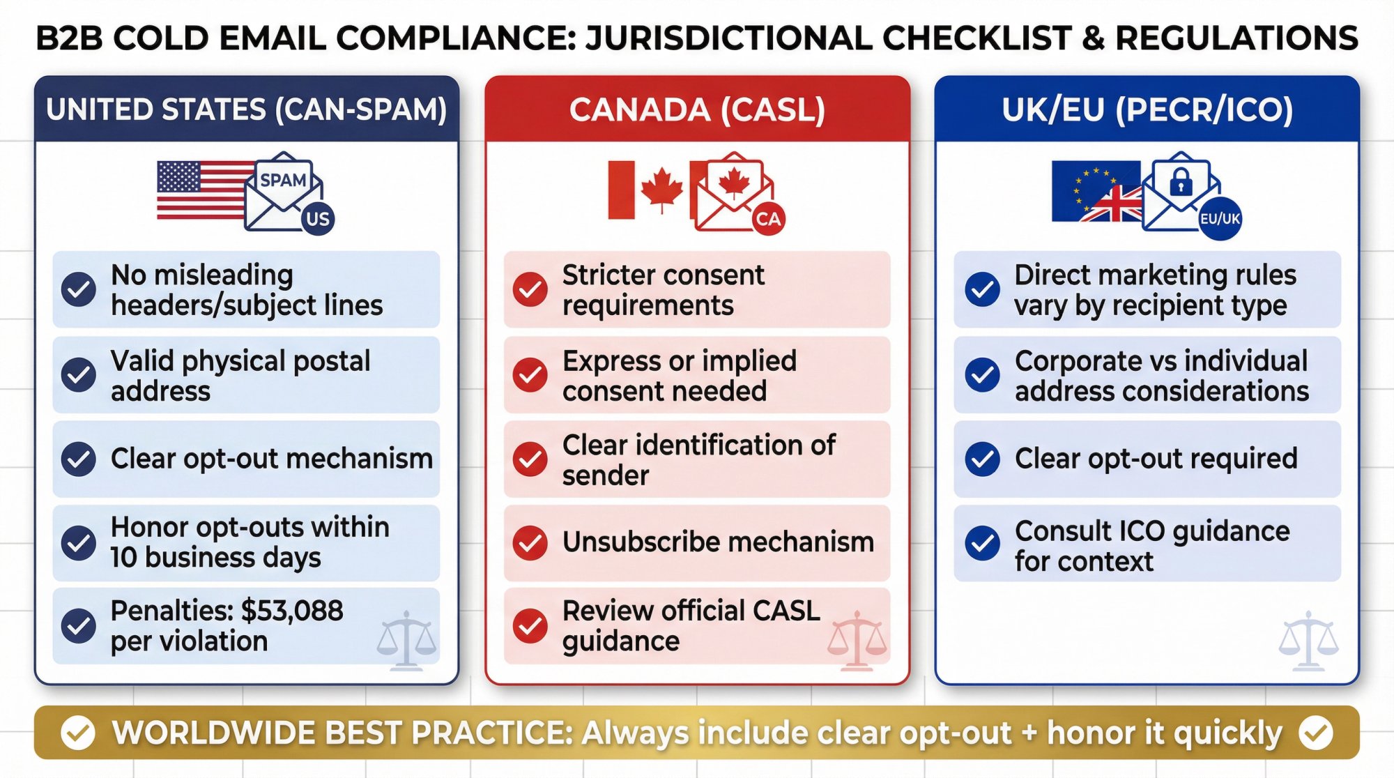 Visual compliance checklist showing CAN-SPAM, CASL, and UK/EU email regulations with required elements for cold email