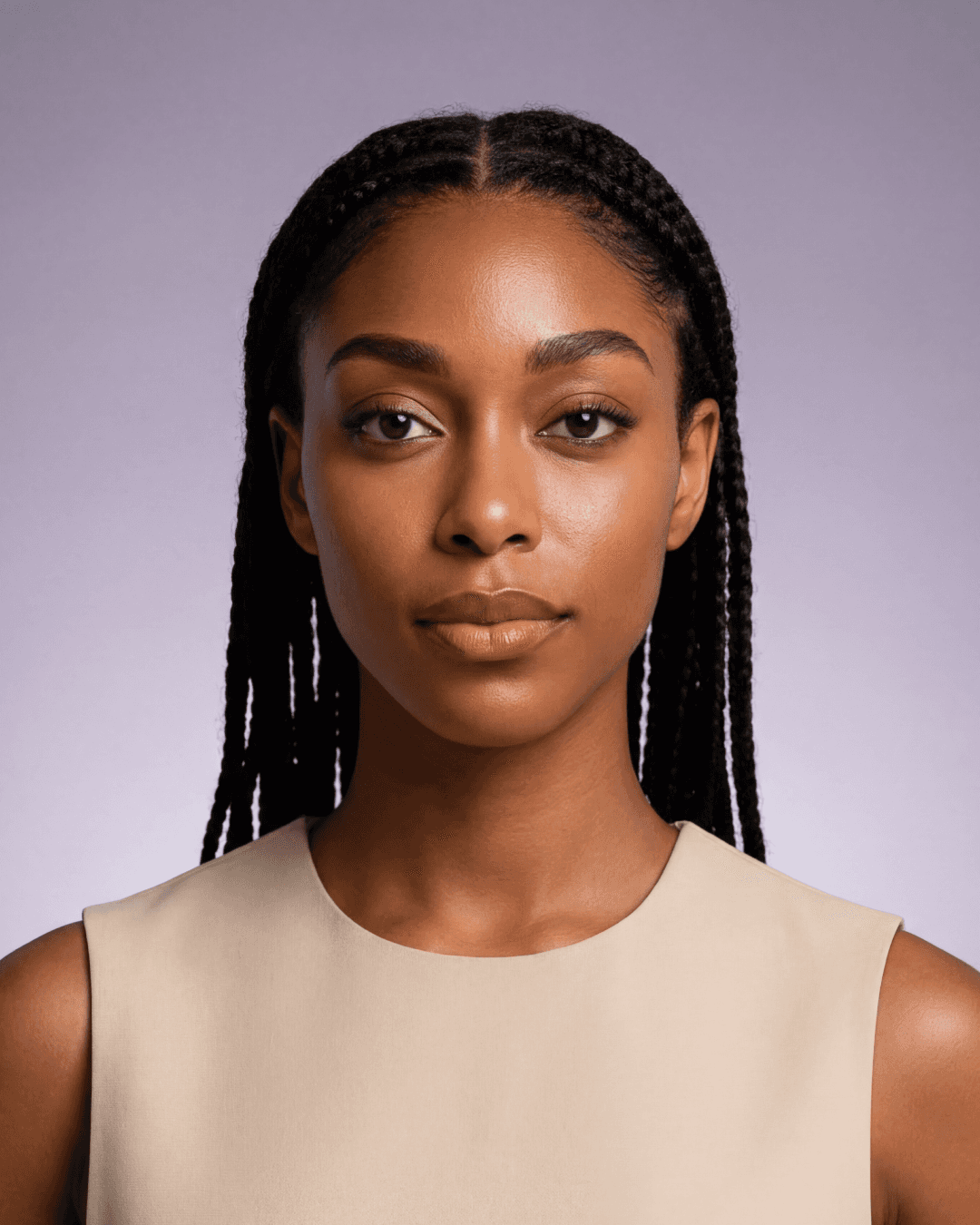 Zaya Amuné AI model portrait, long box braids, elegant studio look, Gemzy AI jewelry studio