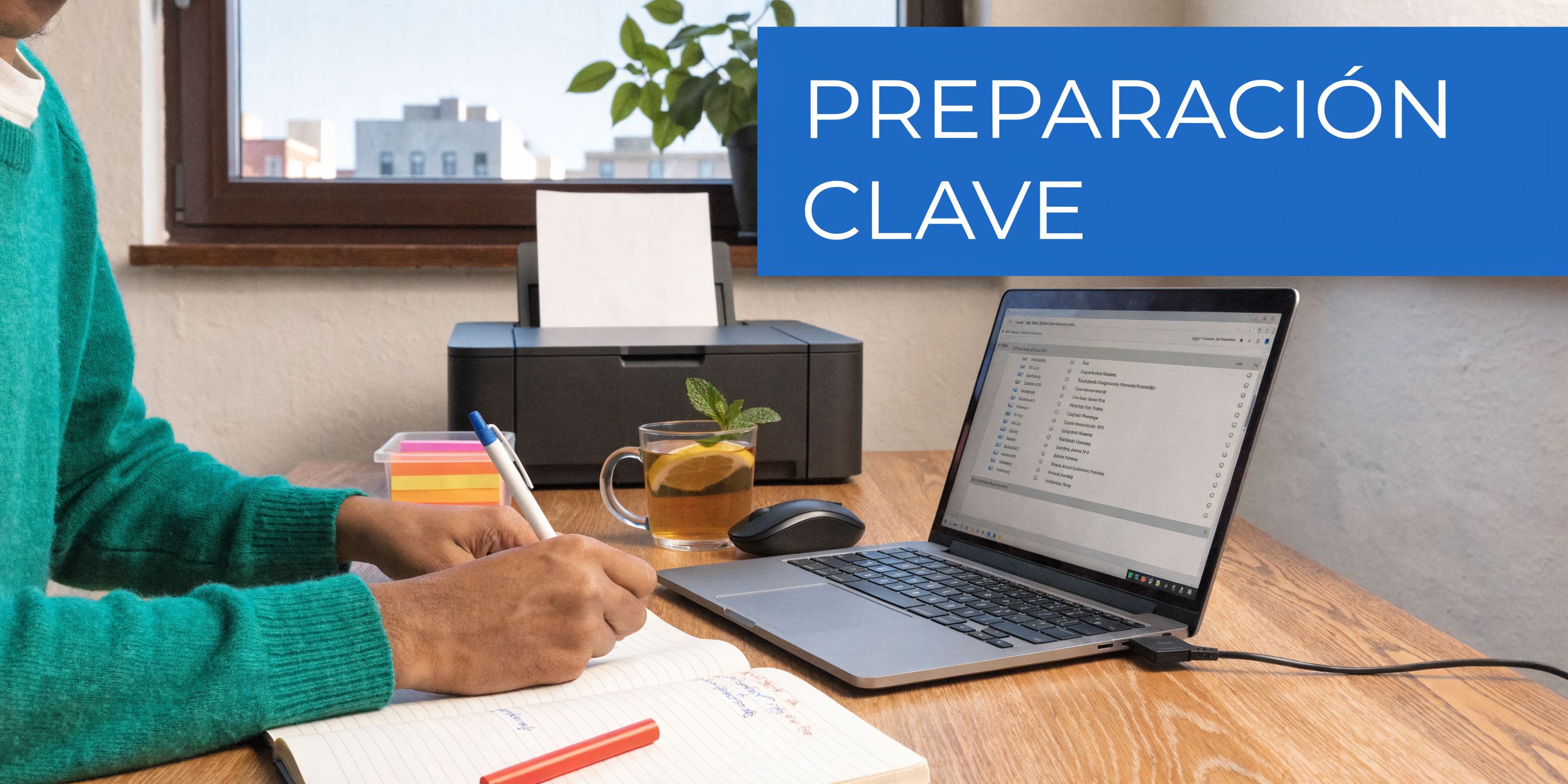 Una persona escribiendo en un cuaderno junto a una computadora portátil, impresora y una bebida en el escritorio.