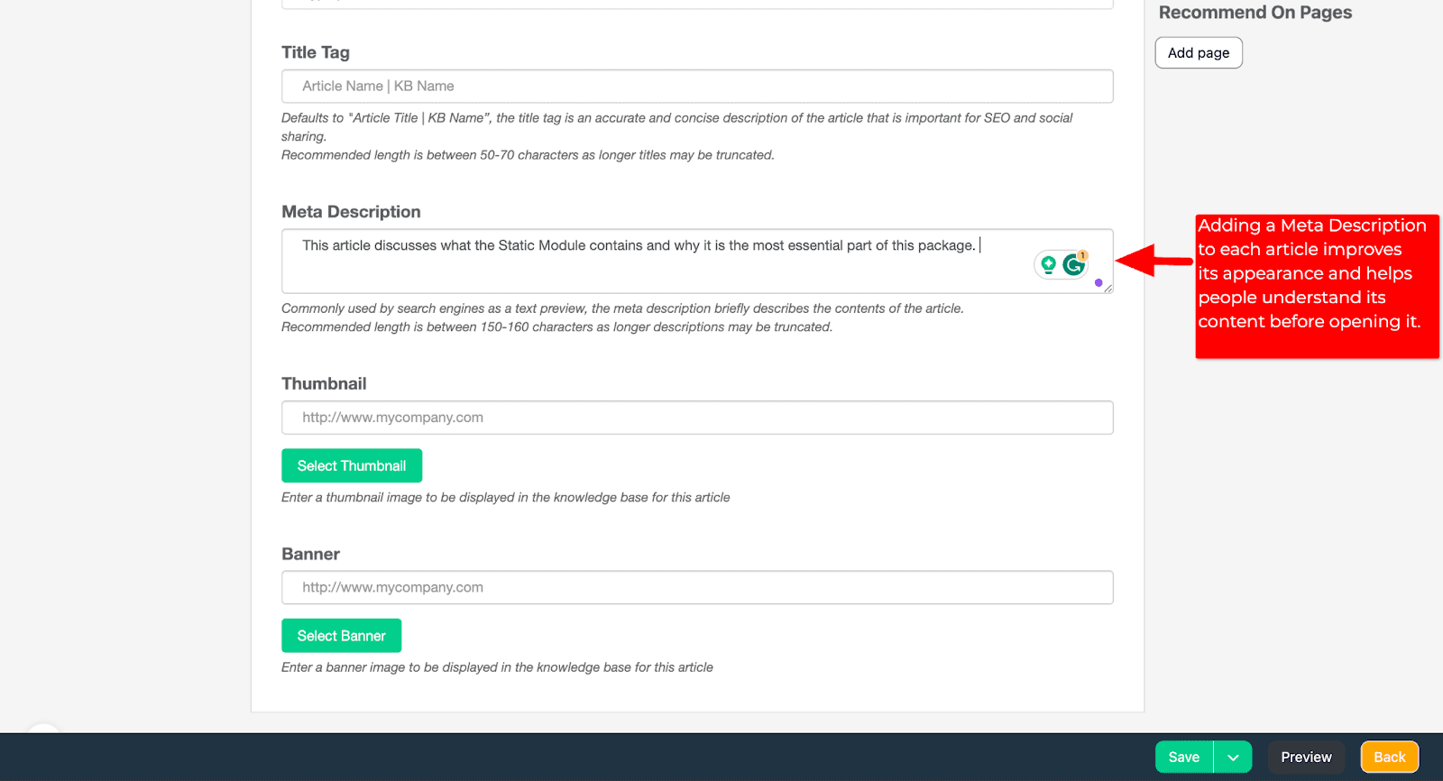 A screenshot of the "Meta Description" field in the editor view of a KnowledgeOwl article.