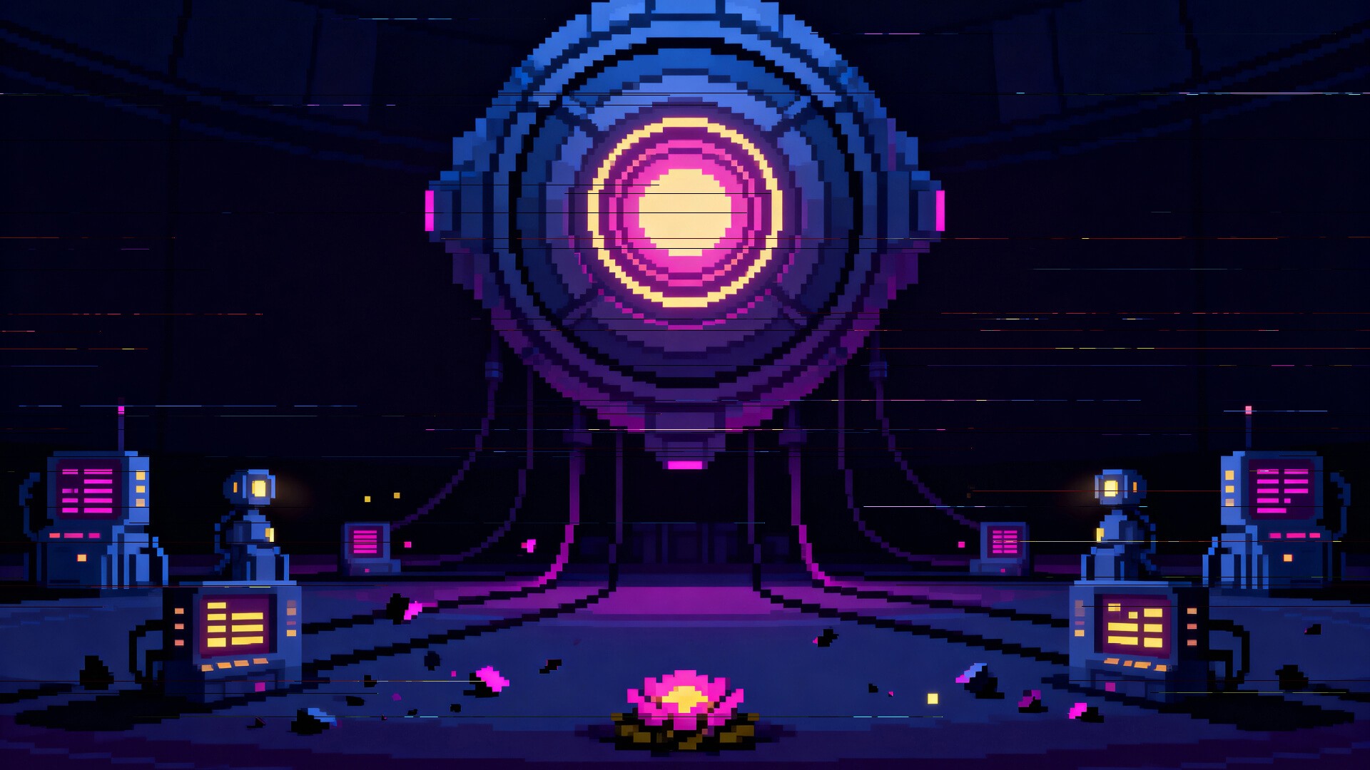 Pixel-art illustration of a central supervisory AI system observing and enforcing trust across surrounding production infrastructure.