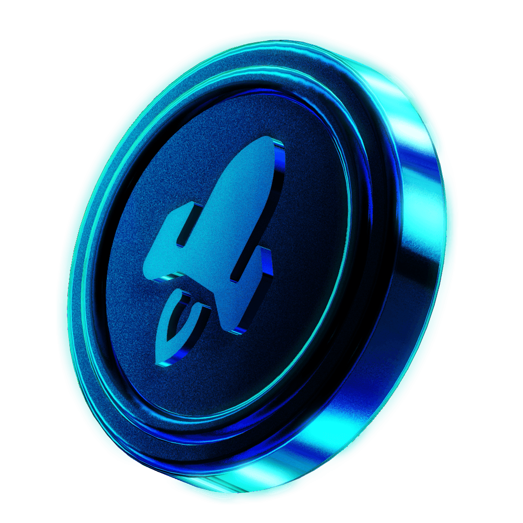 Shiny 3D Coin in Glassy Blue Color with a Rocket Icon Graved on Top 