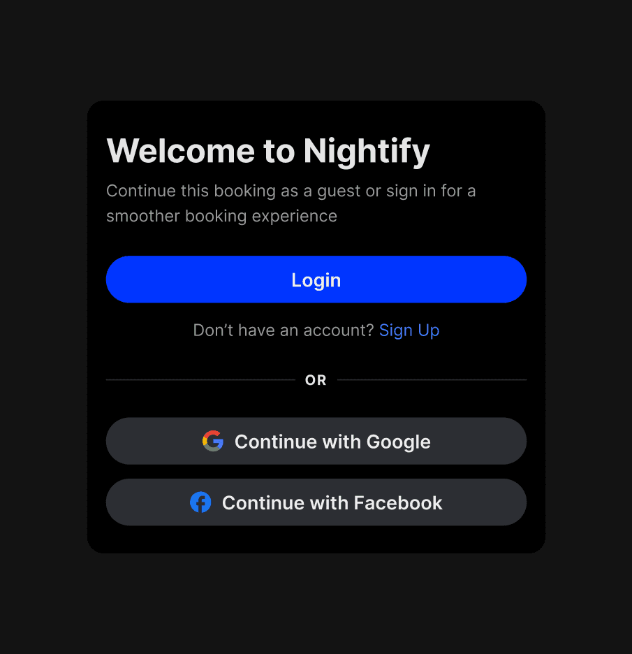 High-fidelity UI component for the Nightify login screen. The design emphasizes a "mobile-first" approach with a primary blue "Login" button and secondary social sign-in options against a deep black background for high contrast.