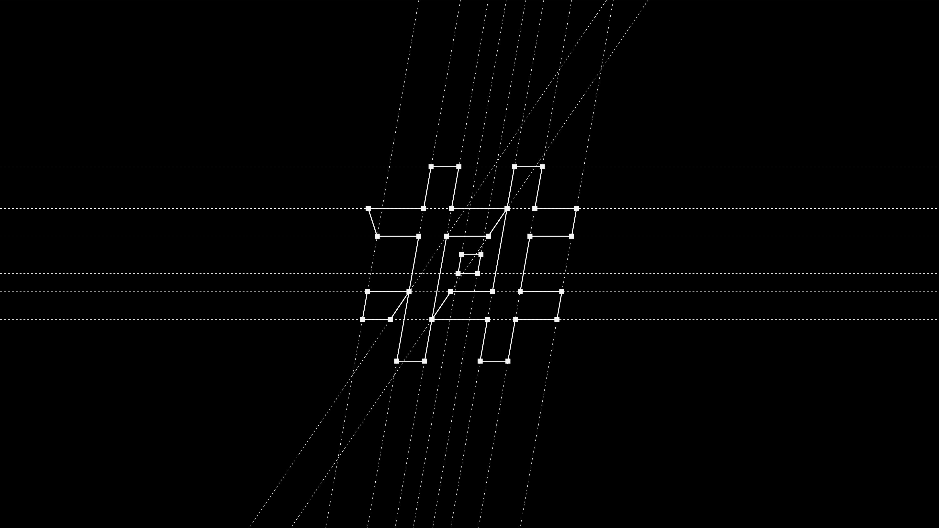 A grid layout illustrating the structural design of the '#PrayForHunt' logo. The image features a black background with white lines and points outlining the construction of the stylized hashtag symbol. The detailed grid includes both horizontal and diagonal guide lines, showing precise alignment and proportions used to create the logo. The design emphasizes the meticulous, geometric nature of the logo's composition.