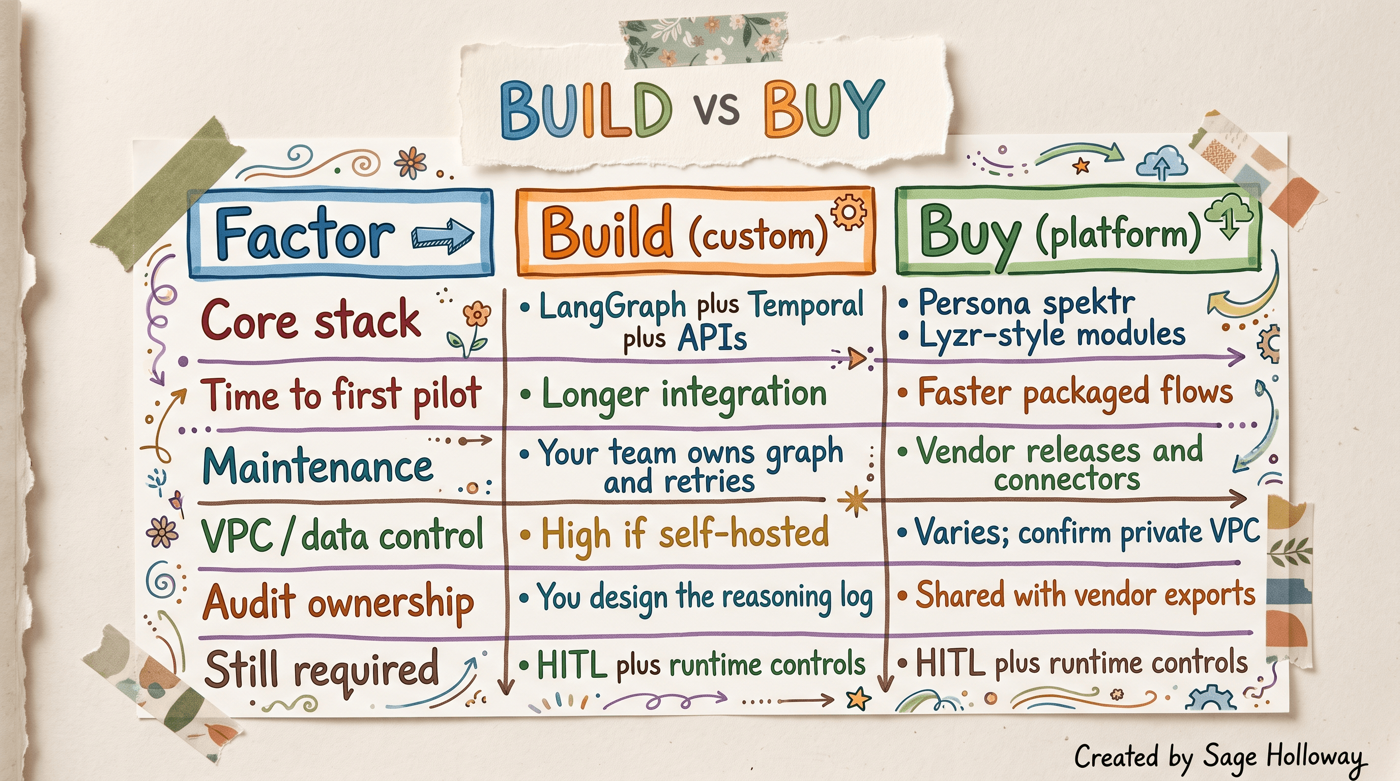 Table comparing build versus buy paths for AI compliance agents on timeline, control, and audit ownership