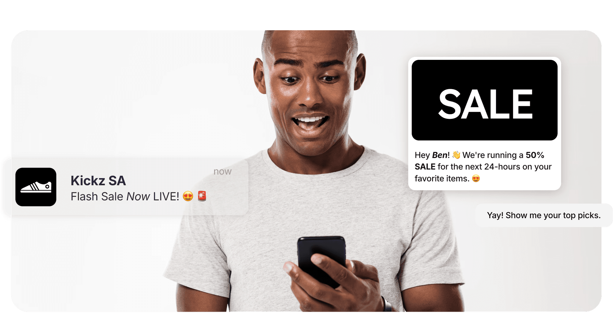 Man excited reading a WhatsApp flash sale broadcast from Kickz SA offering 50% off for 24 hours