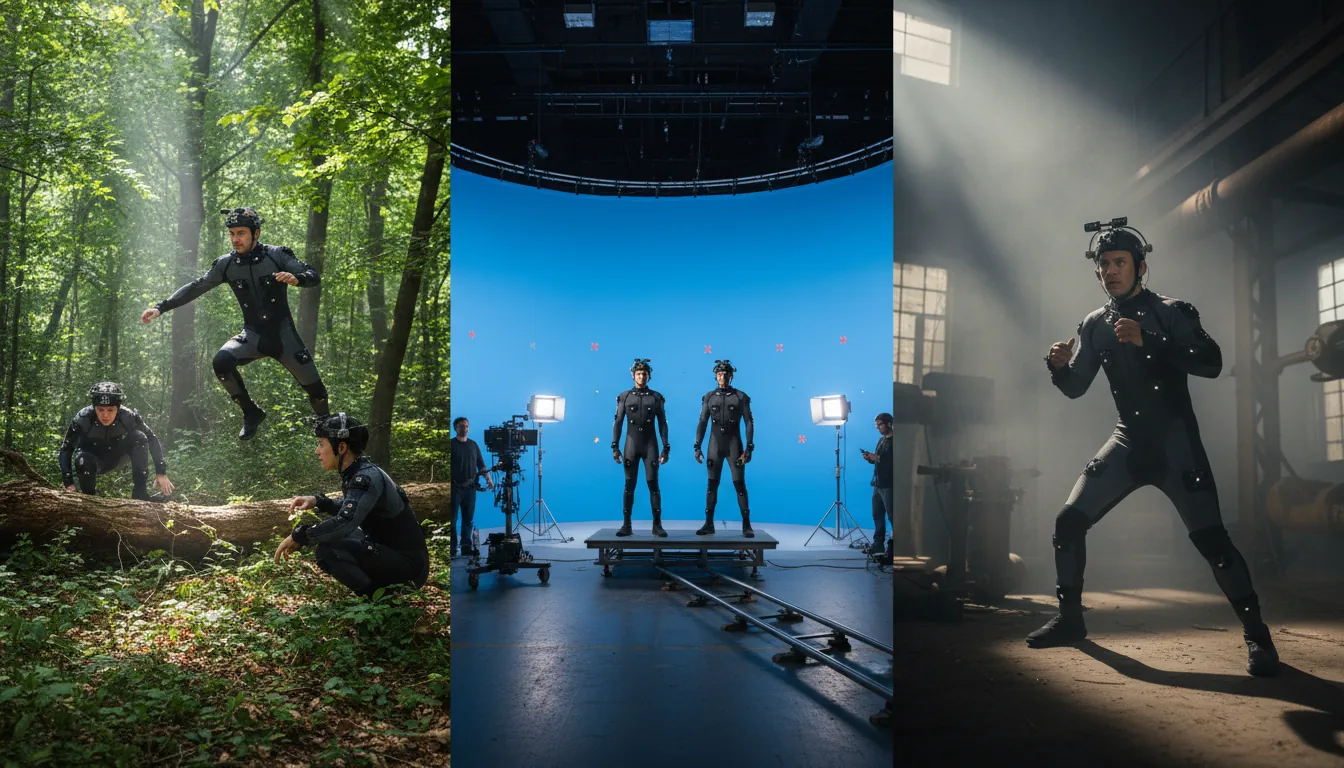 A photo collage of behind-the-scenes motion capture for filmmaking, high-fidelity production still photography, DSLR quality. The collage features multiple panels showing actors in grey and black motion capture suits covered with white tracking markers and helmet camera rigs. The scenes vary, including actors performing in a dense green forest with natural daylight, actors on a film set in front of a blue screen, and an actor in an industrial setting with cinematic contrast lighting and atmospheric smoke. The images have sharp focus, showcasing the human performance and technology involved in creating visual effects.