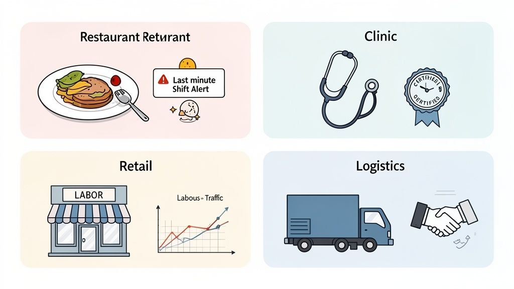 Infographic illustrating diverse workforce management applications across restaurant, clinic, retail, and logistics sectors.