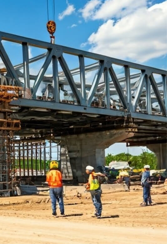Construction workers wearing yellow vests working outside.