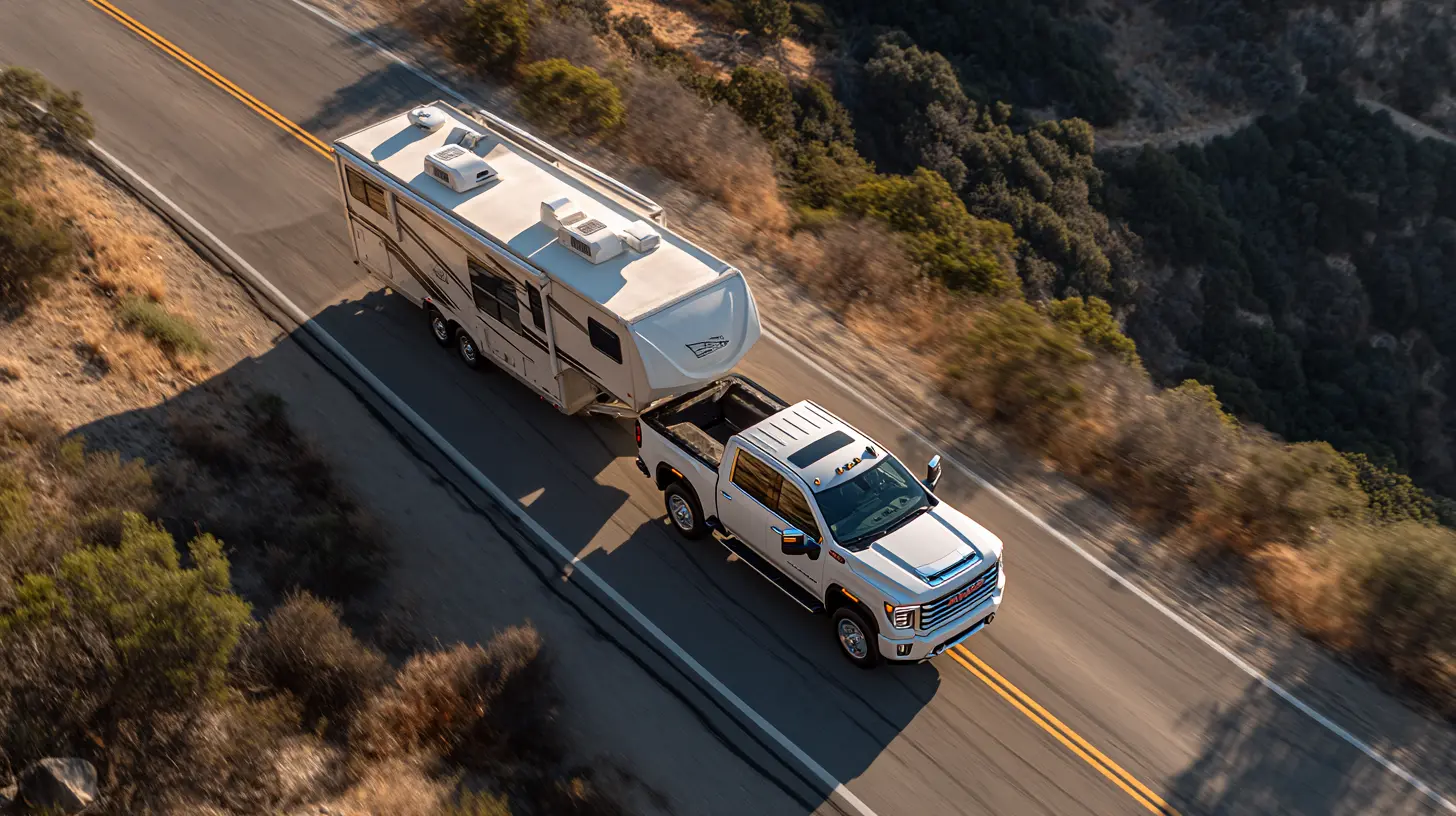 High-angle aerial view of a vehicle towing an RV trailer down an open American highway.