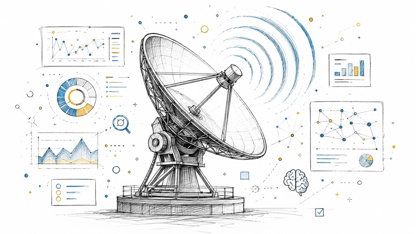 A hand-drawn sketch of a satellite dish surrounded by various data visualization charts and graphs.