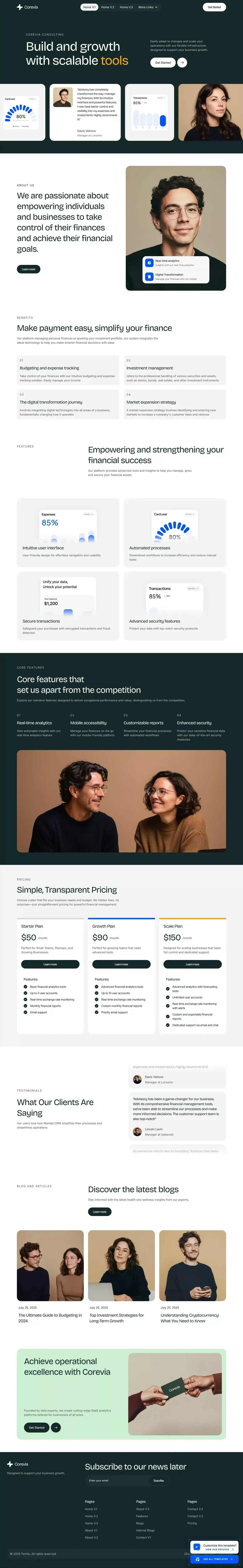 Corevia - Webflow HTML website template landing page screenshot showcasing Finance and Tech design